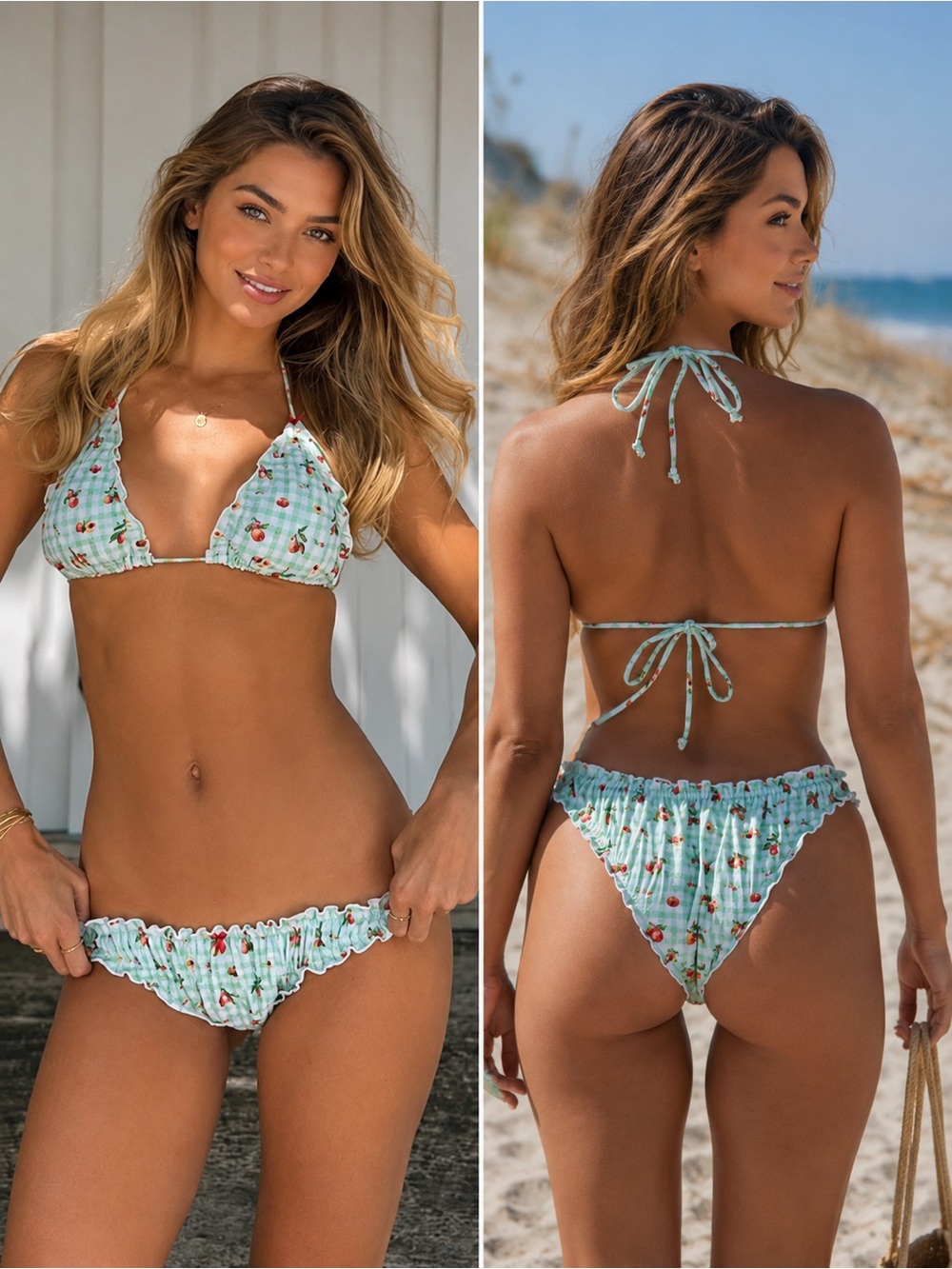 Green Peach Plaid Halter Cheeky Bikini Set